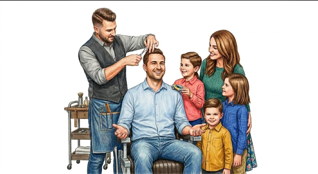 An illustrated family at Eddie's barbershop, a father in the chair with his child and partner.
